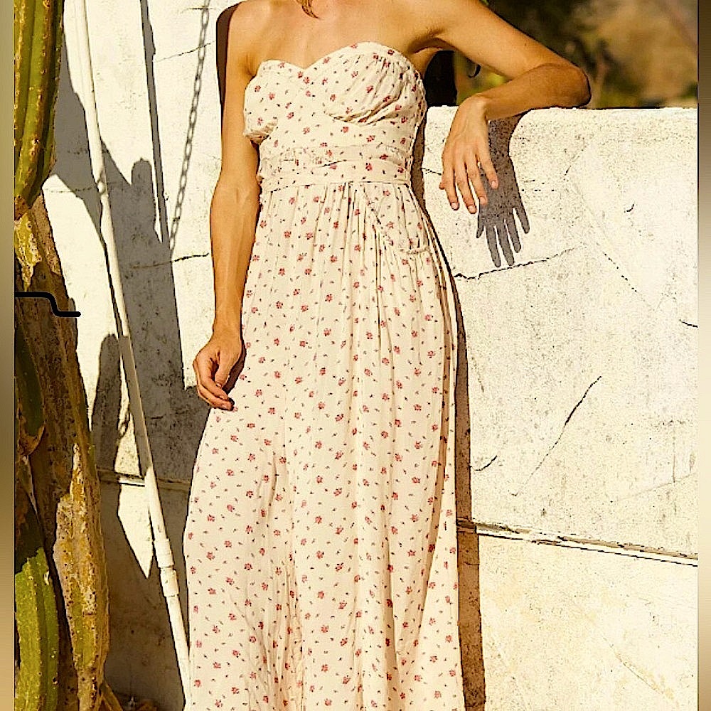 Eloise One Piece. Free People Strapless Floral Jumpsuit - Cream & Coral Rosettes